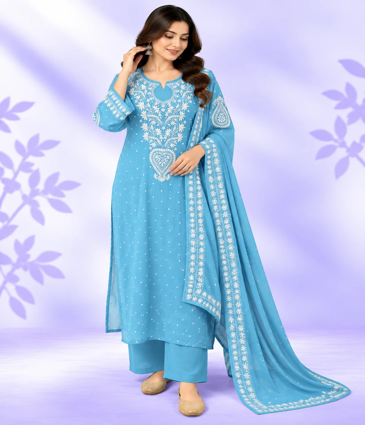 YASHI Luxury Mal Chanderi Handcrafted Chikankari Suit with Kasab, Pearl & Katdana Work