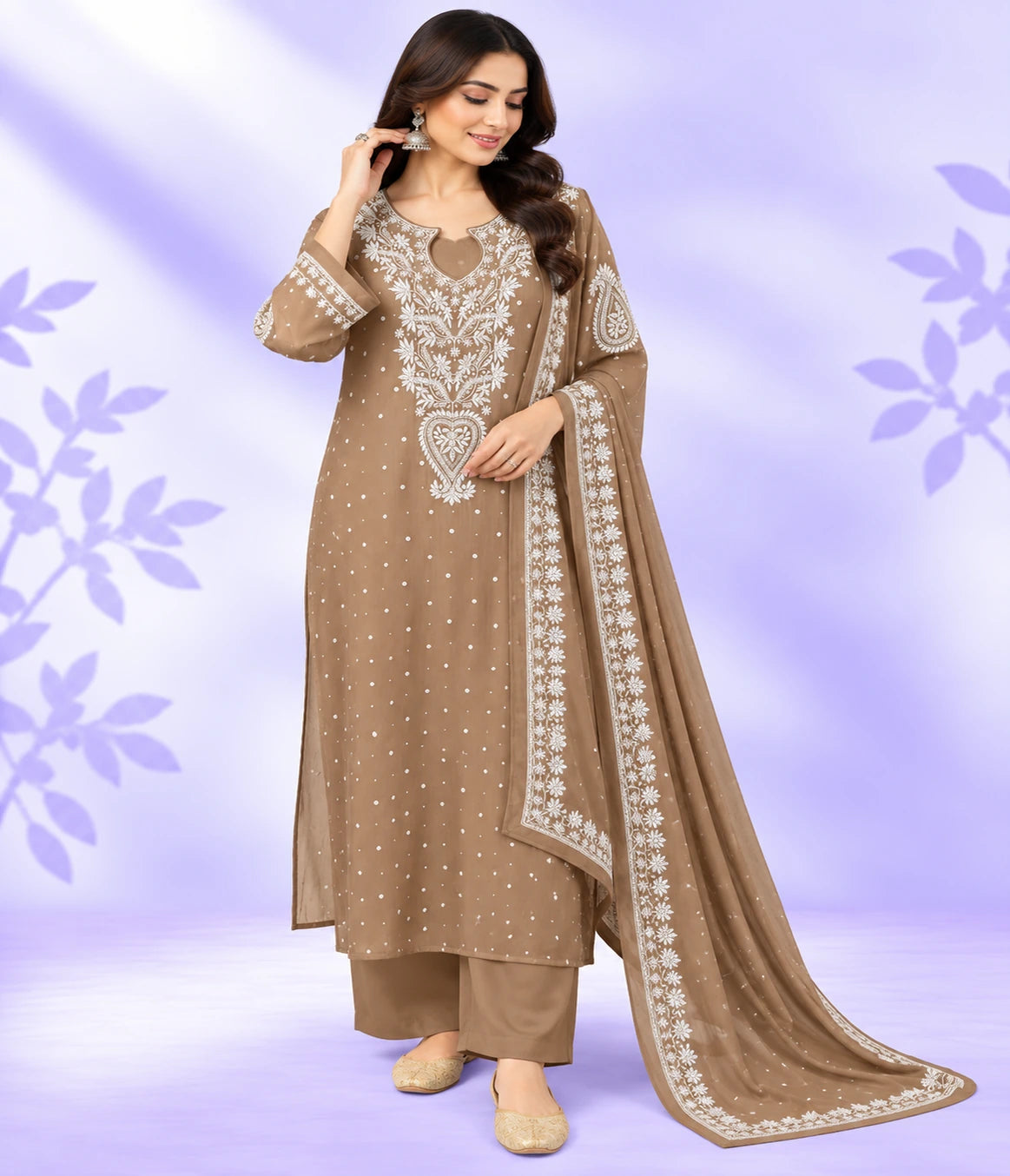 YASHI Luxury Mal Chanderi Handcrafted Chikankari Suit with Kasab, Pearl & Katdana Work