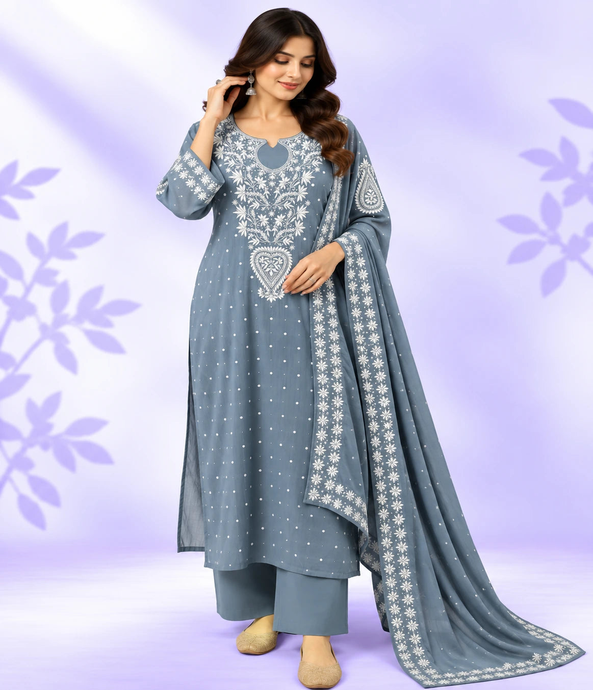 YASHI Luxury Mal Chanderi Handcrafted Chikankari Suit with Kasab, Pearl & Katdana Work