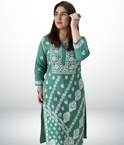ANAYA Teal Lucknowi Chikankari Heavy Modal Kurti