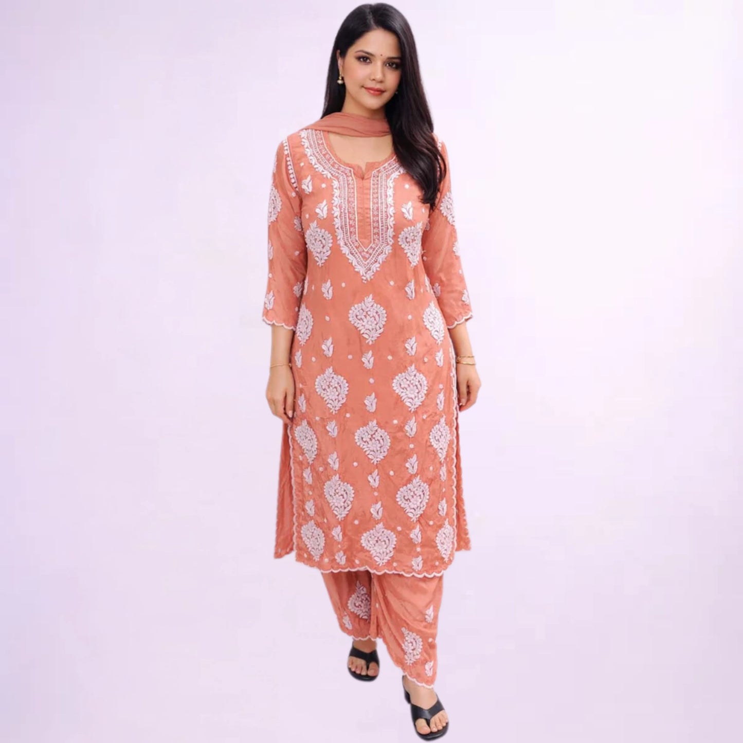 ANIKA BROWN PURE CREPE 3-PIECE KURTI PALAZZO SET WITH CHIFFON DUPATTA