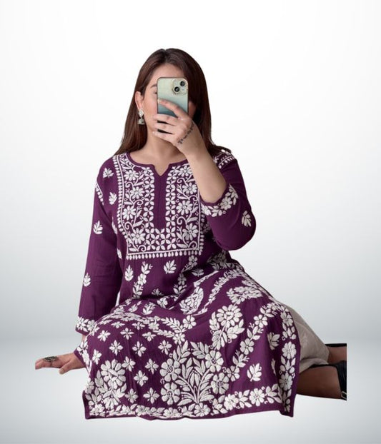 ANAYA Rich Wine Purple Lucknowi Chikankari Heavy Modal Kurti