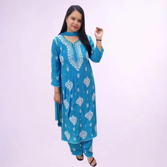 ANIKA SKY BLUE PURE CREPE 3-PIECE KURTI PALAZZO SET WITH CHIFFON DUPATTA