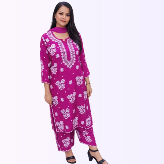 Arya Pure Crepe Dyeable 3-Piece Kurti Palazzo Set with Chiffon Dupatta