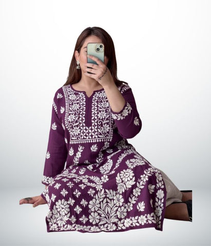 ANAYA Rich Wine Purple Lucknowi Chikankari Heavy Modal Kurti