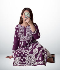 ANAYA Rich Wine Purple Lucknowi Chikankari Heavy Modal Kurti