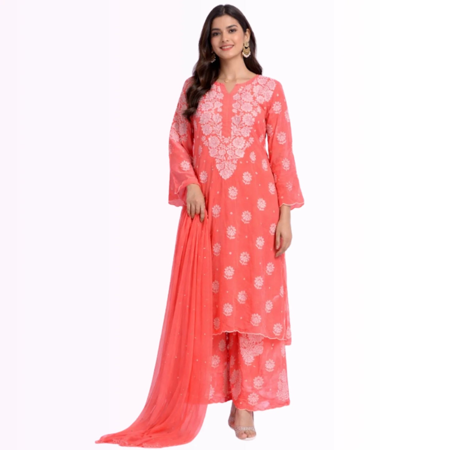 RAMYA  Pure Crepe Dyeable 3-Piece Kurti Palazzo Set with Chiffon Dupatta