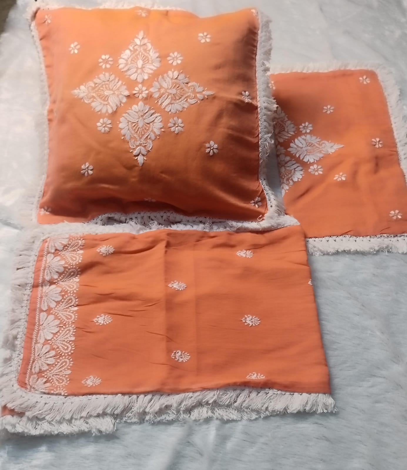 DEVI Orange Chanderi Chikankari Cusion Cover With Runner