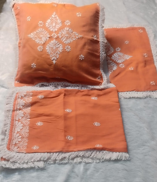DEVI Orange Chanderi Chikankari Cusion Cover With Runner