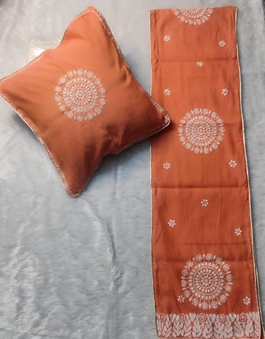 DEVI Orange Chanderi Cusion Chikankari Cover With Runner