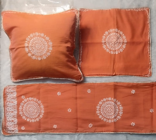DEVI Orange Chanderi Cusion Chikankari Cover With Runner