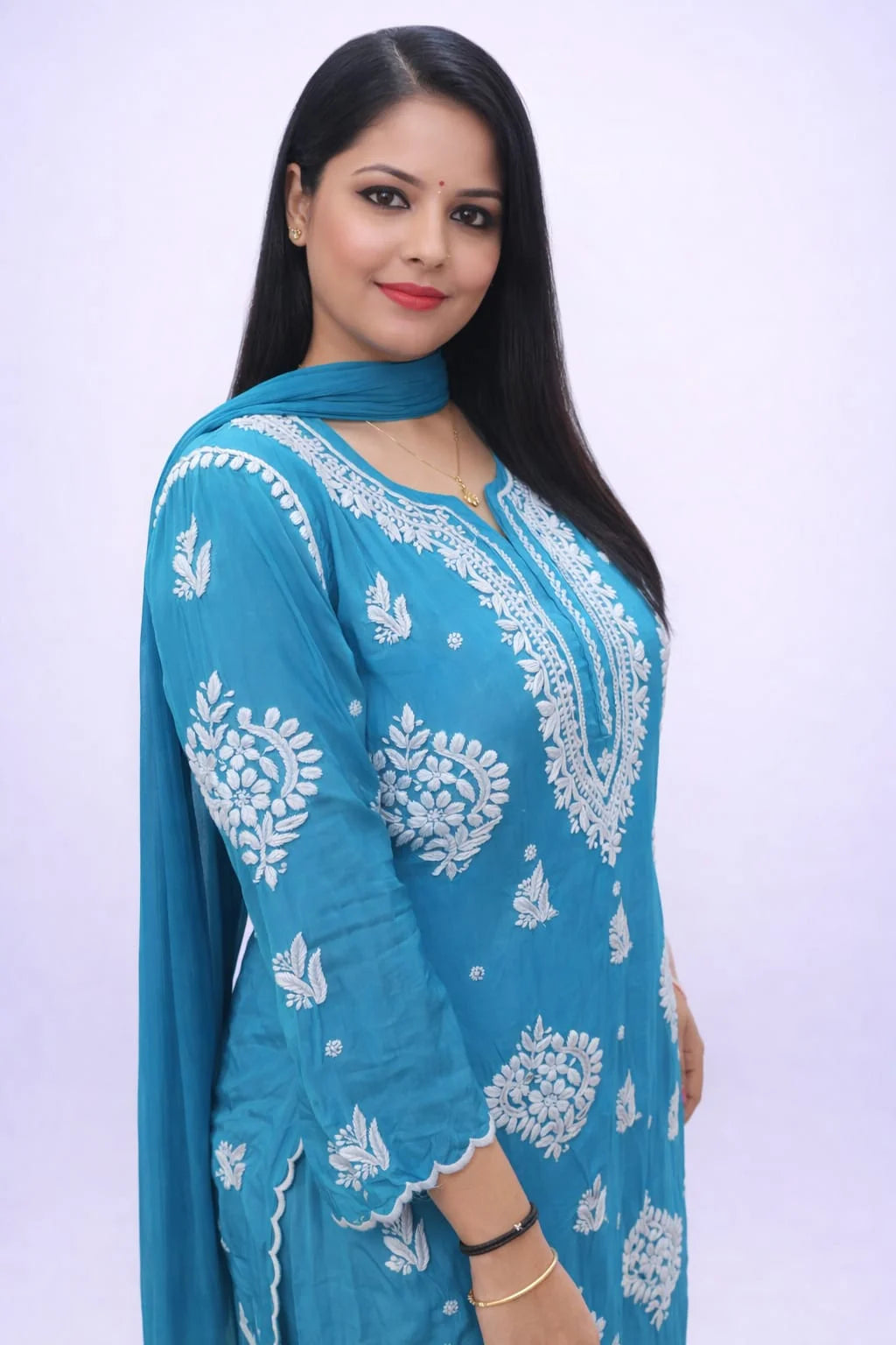 ANIKA SKY BLUE PURE CREPE 3-PIECE KURTI PALAZZO SET WITH CHIFFON DUPATTA