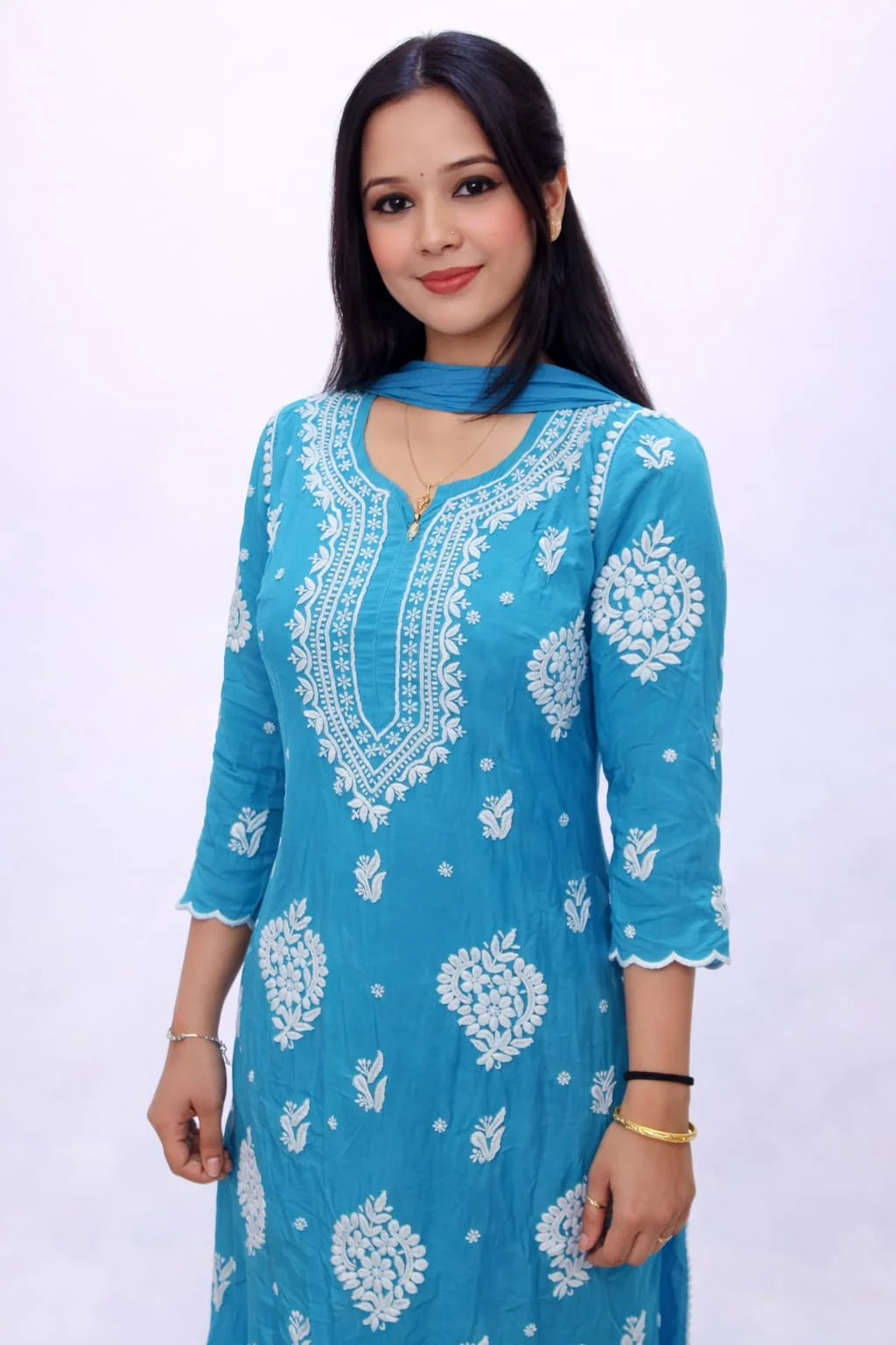 ANIKA SKY BLUE PURE CREPE 3-PIECE KURTI PALAZZO SET WITH CHIFFON DUPATTA