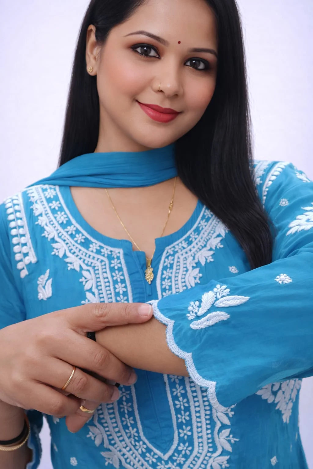 ANIKA SKY BLUE PURE CREPE 3-PIECE KURTI PALAZZO SET WITH CHIFFON DUPATTA