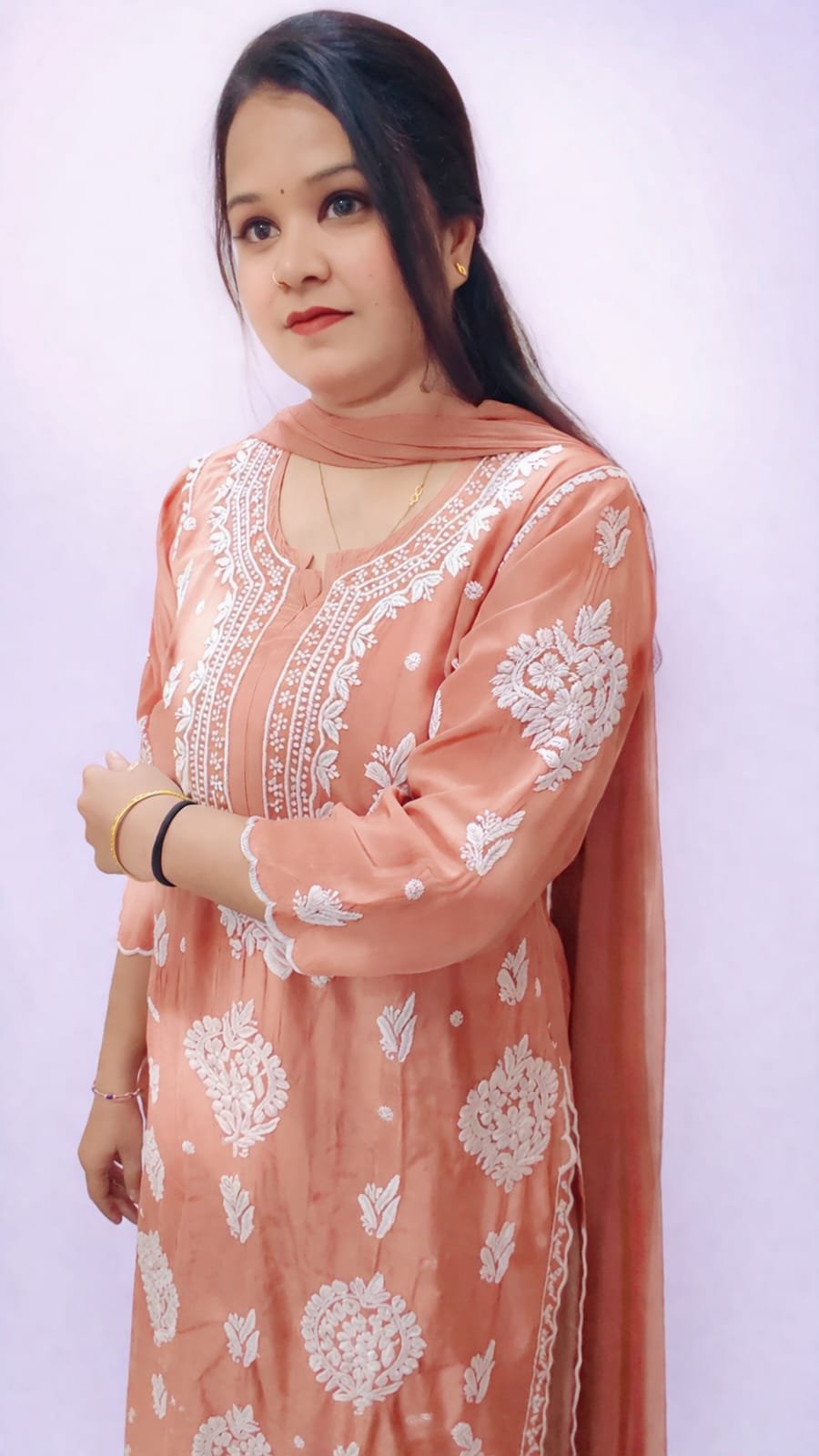 ANIKA BROWN PURE CREPE 3-PIECE KURTI PALAZZO SET WITH CHIFFON DUPATTA