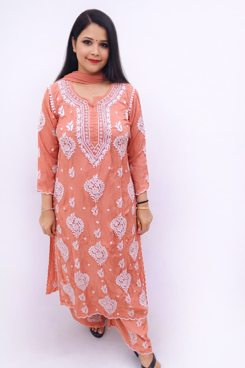 ANIKA BROWN PURE CREPE 3-PIECE KURTI PALAZZO SET WITH CHIFFON DUPATTA