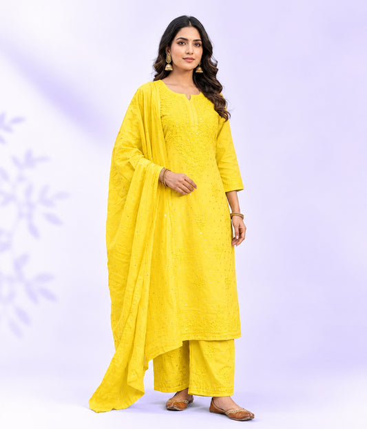 KRIPA Pure Chanderi Silk Chikankari Kurta Palazzo Set with Dupatta Golden Mukaish Work