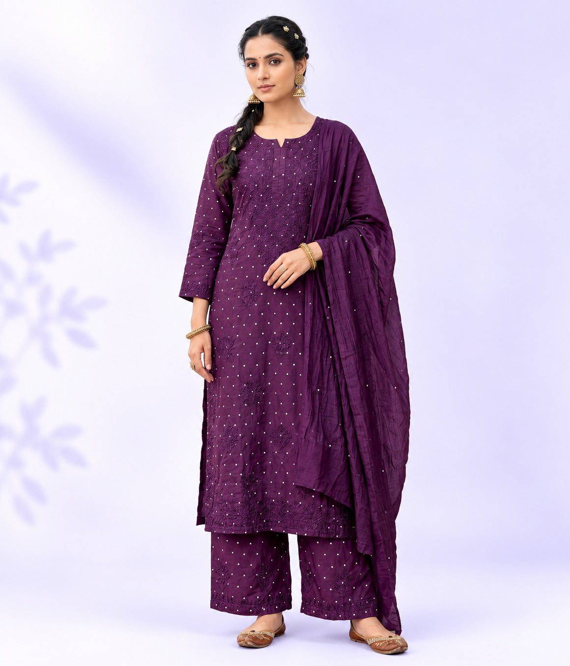 KRIPA Pure Chanderi Silk Chikankari Kurta Palazzo Set with Dupatta Golden Mukaish Work