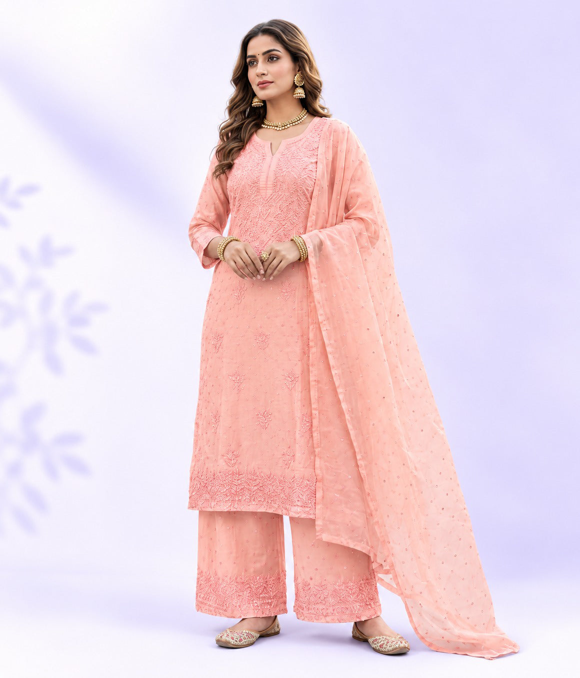 KRIPA Pure Chanderi Silk Chikankari Kurta Palazzo Set with Dupatta Golden Mukaish Work
