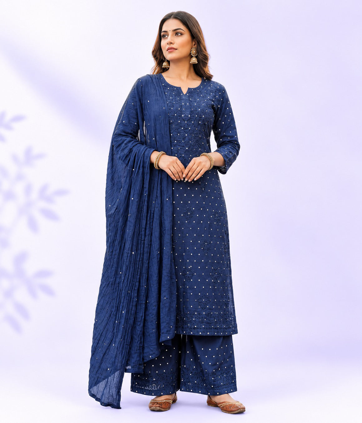 KRIPA Pure Chanderi Silk Chikankari Kurta Palazzo Set with Dupatta Golden Mukaish Work
