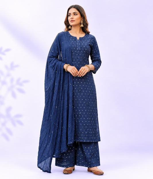 KRIPA Pure Chanderi Silk Chikankari Kurta Palazzo Set with Dupatta Golden Mukaish Work