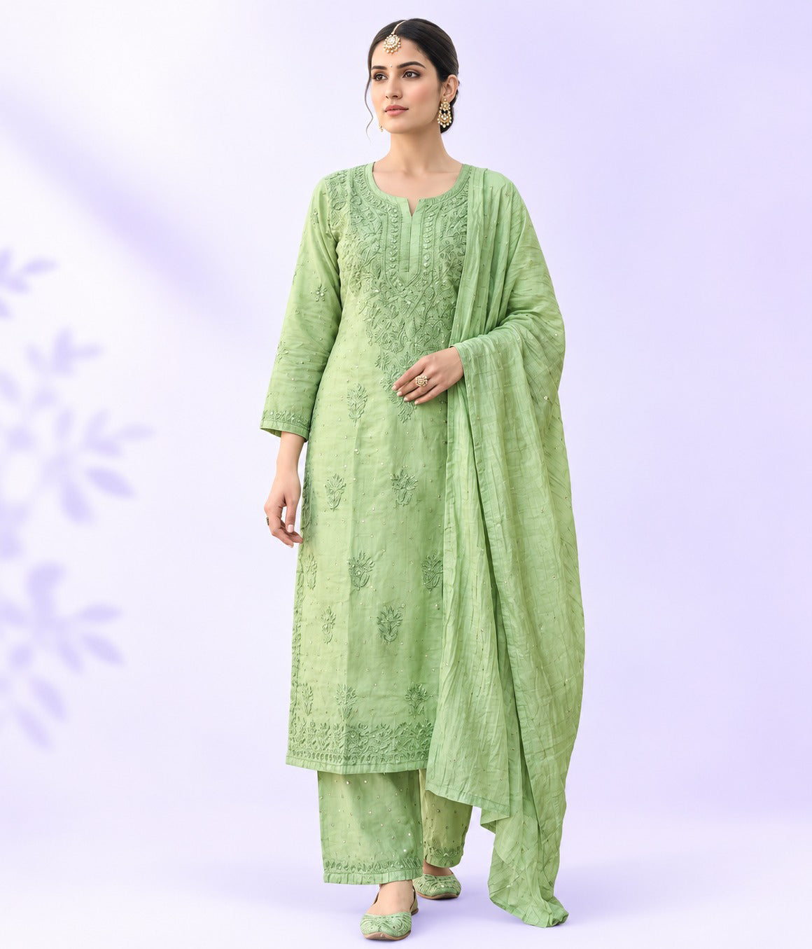 KRIPA Pure Chanderi Silk Chikankari Kurta Palazzo Set with Dupatta Golden Mukaish Work