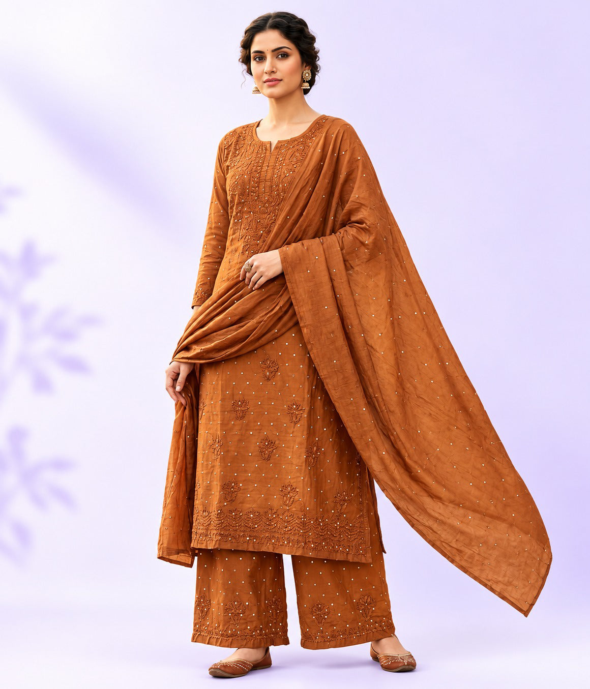 KRIPA Pure Chanderi Silk Chikankari Kurta Palazzo Set with Dupatta Golden Mukaish Work