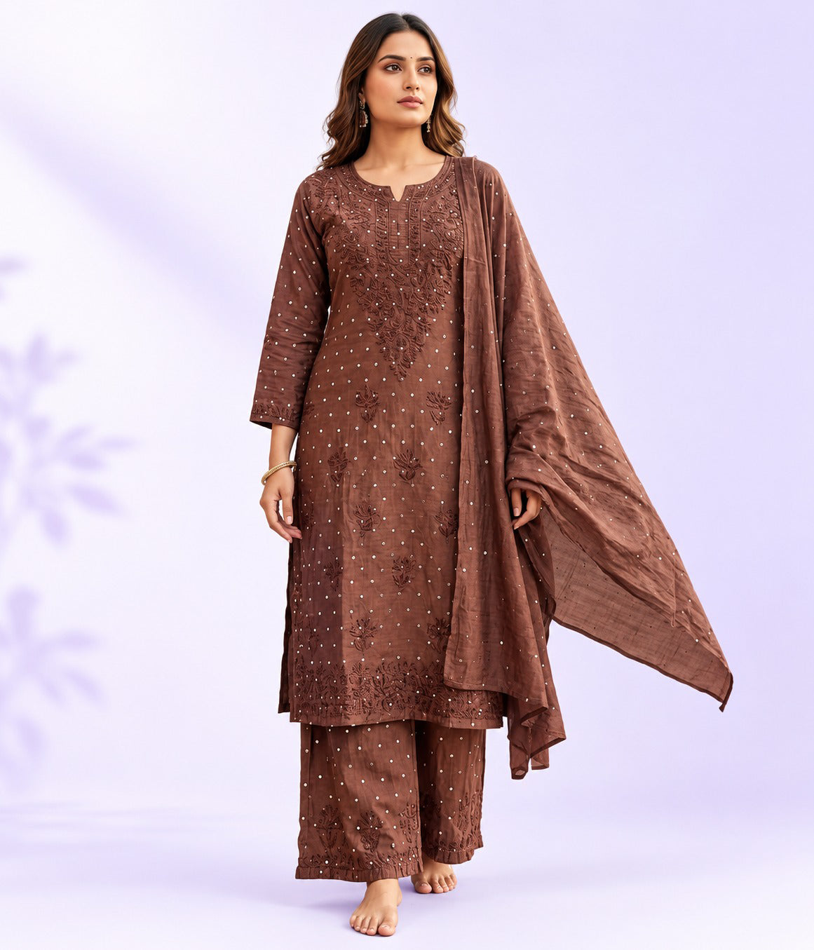 KRIPA Pure Chanderi Silk Chikankari Kurta Palazzo Set with Dupatta Golden Mukaish Work