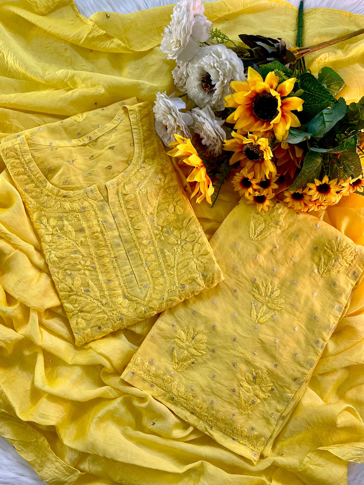 KRIPA Pure Chanderi Silk Chikankari Kurta Palazzo Set with Dupatta Golden Mukaish Work