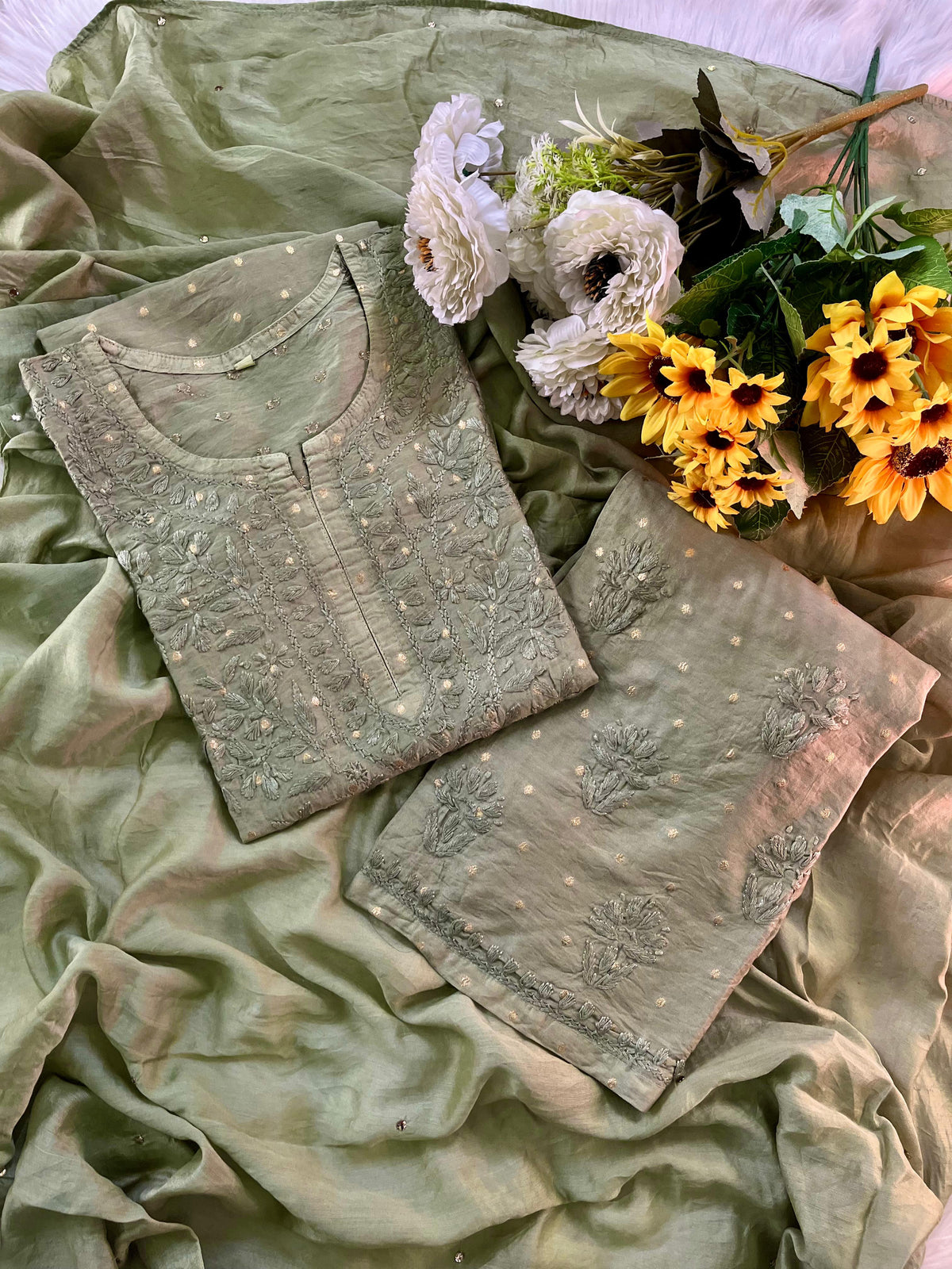 KRIPA Pure Chanderi Silk Chikankari Kurta Palazzo Set with Dupatta Golden Mukaish Work