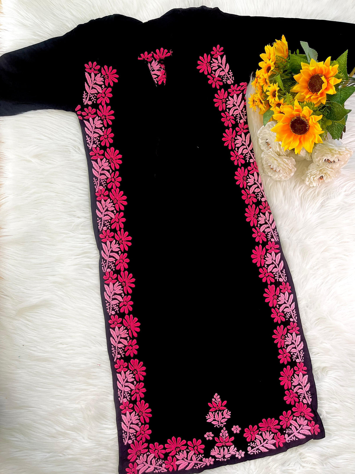 SIYA Black Modal Lucknowi Chikankari Kurti for Women with Pink Hand Embroidery