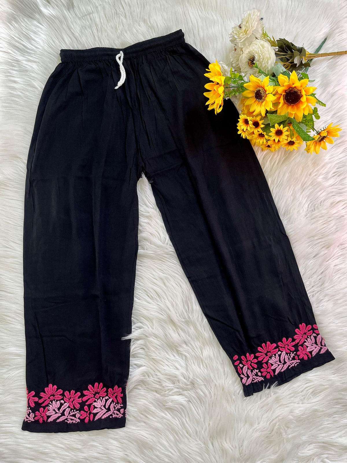 SIYA Black Modal Lucknowi Chikankari Kurti for Women with Pink Hand Embroidery