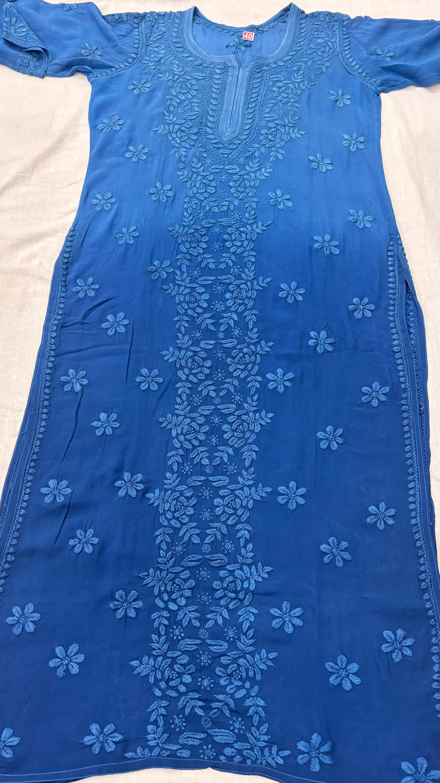 SARIKA Blue Pure Viscose Chikankari3D Emboss Omray Kurti
