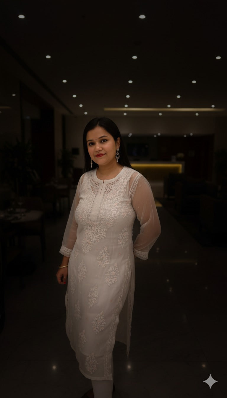 AMBA White Organza Chikankari Kurta for Woman