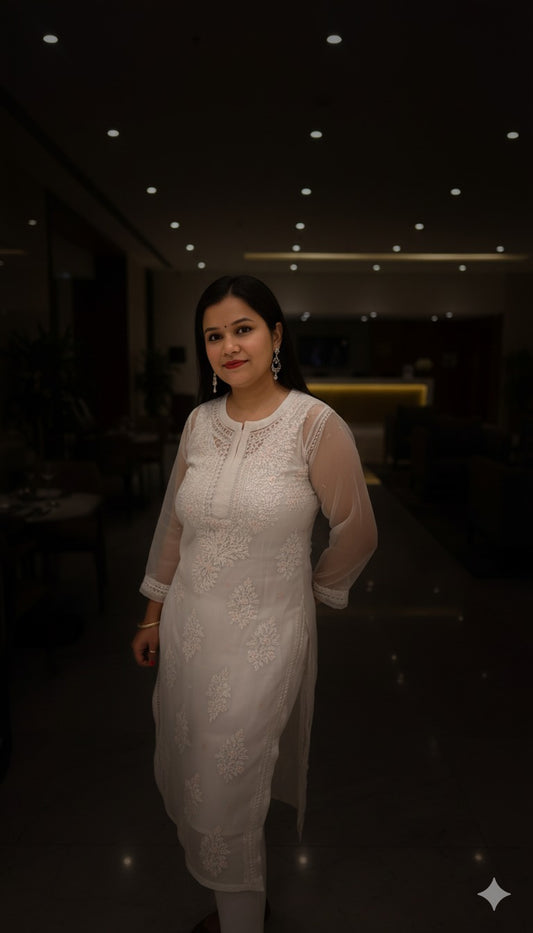 AMBA White Organza Chikankari Kurta for Woman