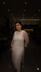 AMBA White Organza Chikankari Kurti-Elegant Lucknowi Chikankari for Women