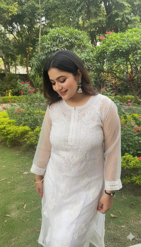AMBA White Organza Chikankari Kurti-Elegant Lucknowi Chikankari for Women