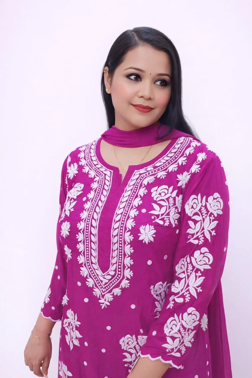 ARYA Pure Crepe Dyeable 3pcs Kurti Palazzo Set with Chiffon Dupatta