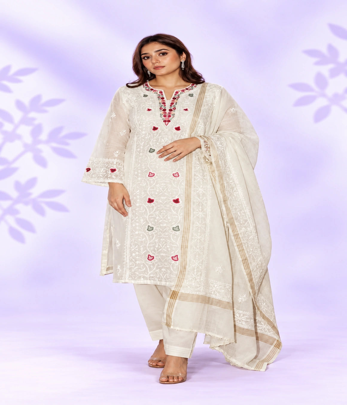 ADYA Mal Chanderi Semi-Stitched Chikankari Kurti with Farsi Work & Dupatta