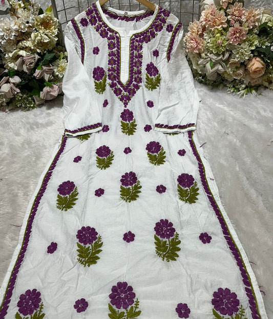 MAYA Purple Pure Chanderi Chikankari kurti