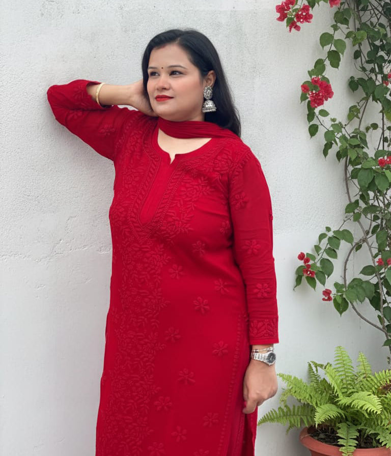 YATI Red Pure Viscose Chikankari 3D Emboss 4pcs Set