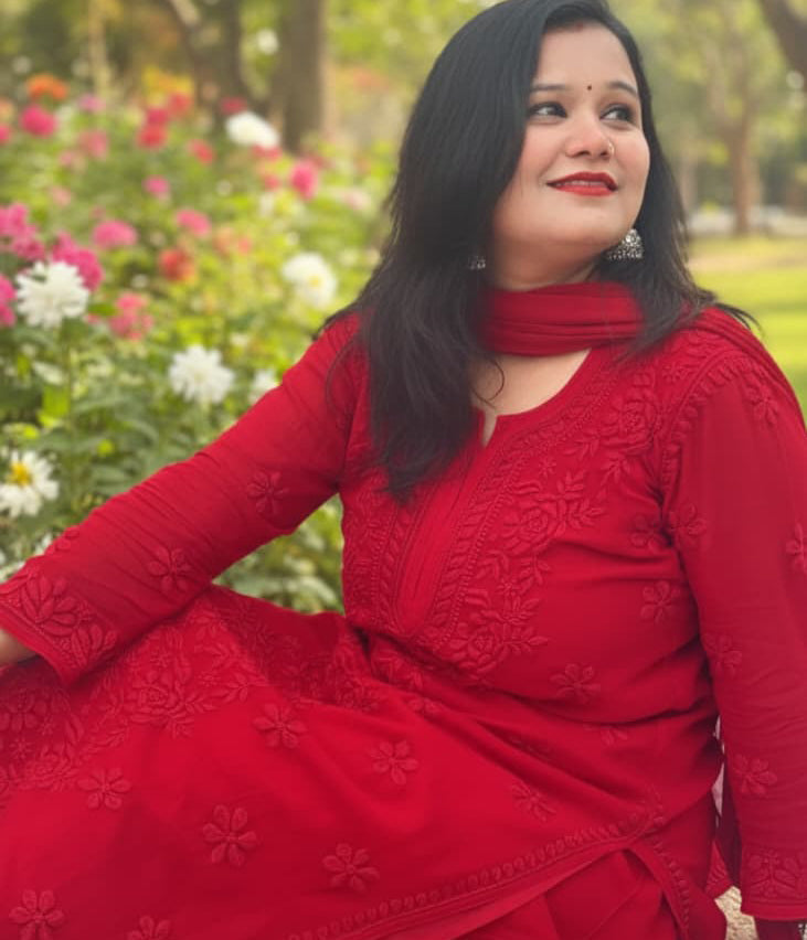 YATI Red Pure Viscose Chikankari 3D Emboss 4pcs Set