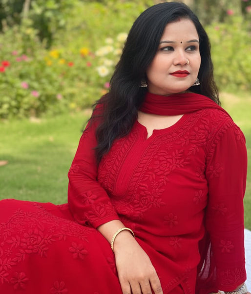 YATI Red Pure Viscose Chikankari 3D Emboss 4pcs Set