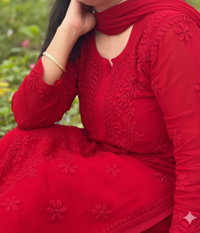 YATI Red Pure Viscose Chikankari 3D Emboss 4pcs Set