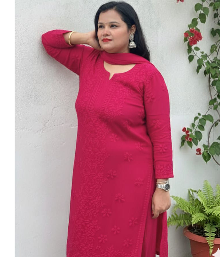 YATI Pink Pure Viscose Chikankari 3D Emboss 4pcs Set