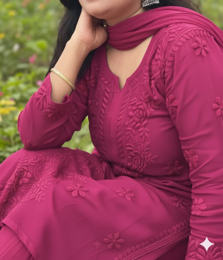 YATI Pink Pure Viscose Chikankari 3D Emboss 4pcs Set