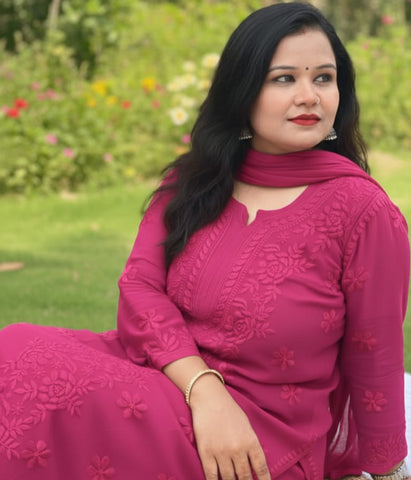 YATI Pink Pure Viscose Chikankari 3D Emboss 4pcs Set