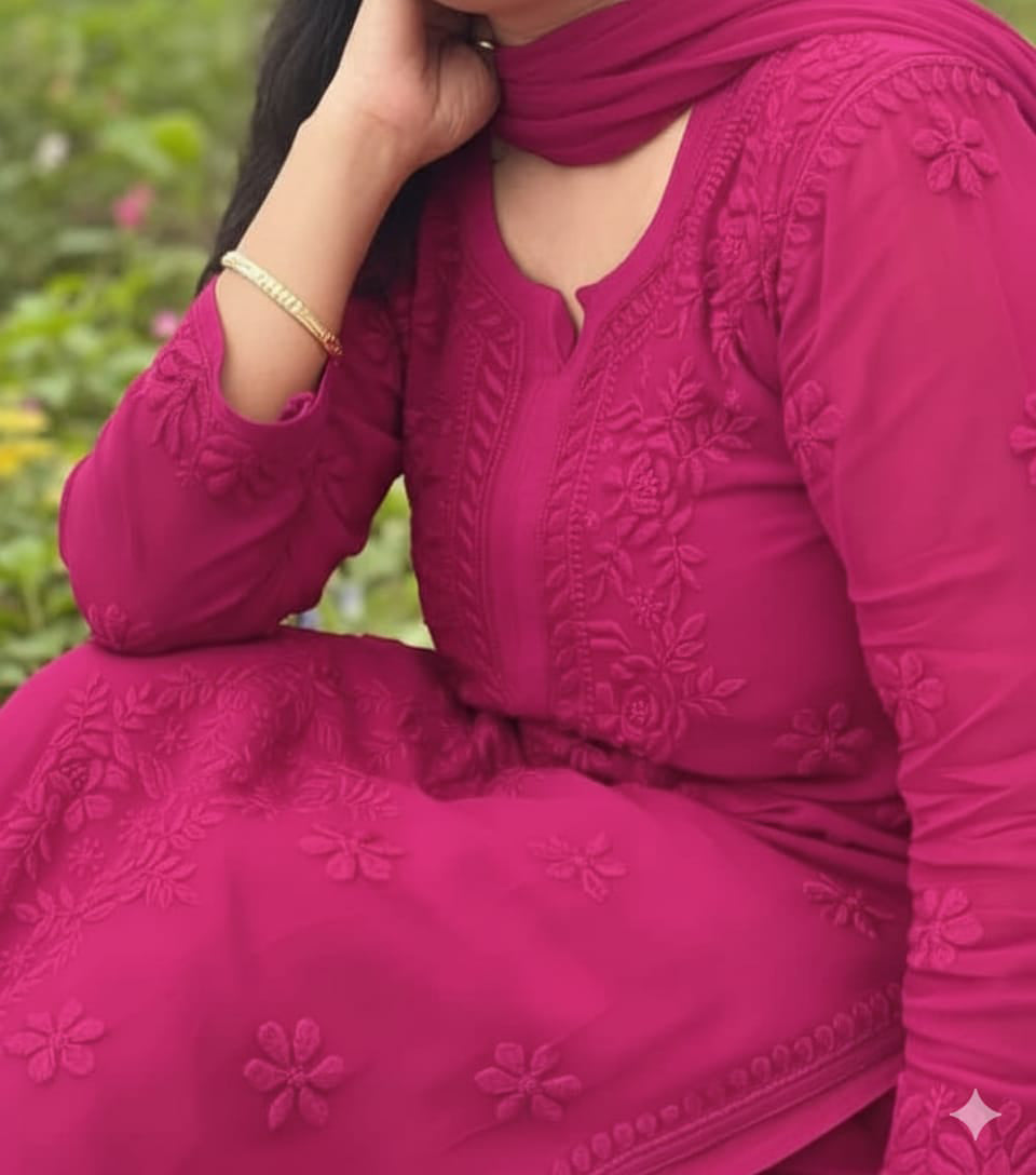 YATI Pink Pure Viscose Chikankari 3D Emboss 4pcs Set