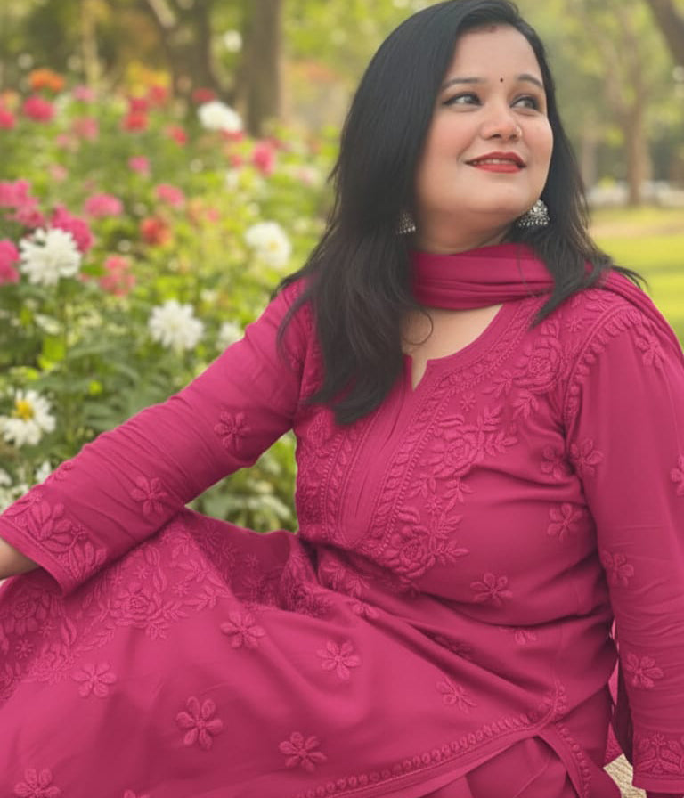 YATI Pink Pure Viscose Chikankari 3D Emboss 4pcs Set