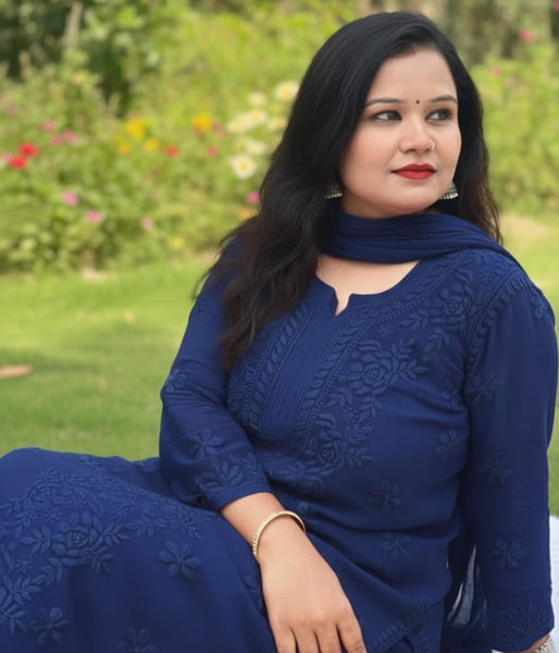 YATI Blue Pure Viscose Chikankari 3D Emboss 4pcs Set